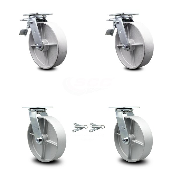8 Inch Semi Steel Caster Set with Roller Bearings 2 Brakes 2 Swivel Locks SCC